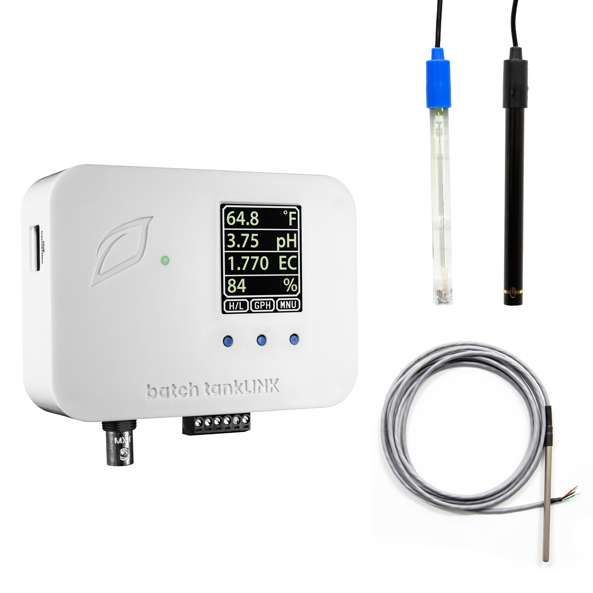 batch tankLINK Controller with pH probe, EC probe, and temperature sensor