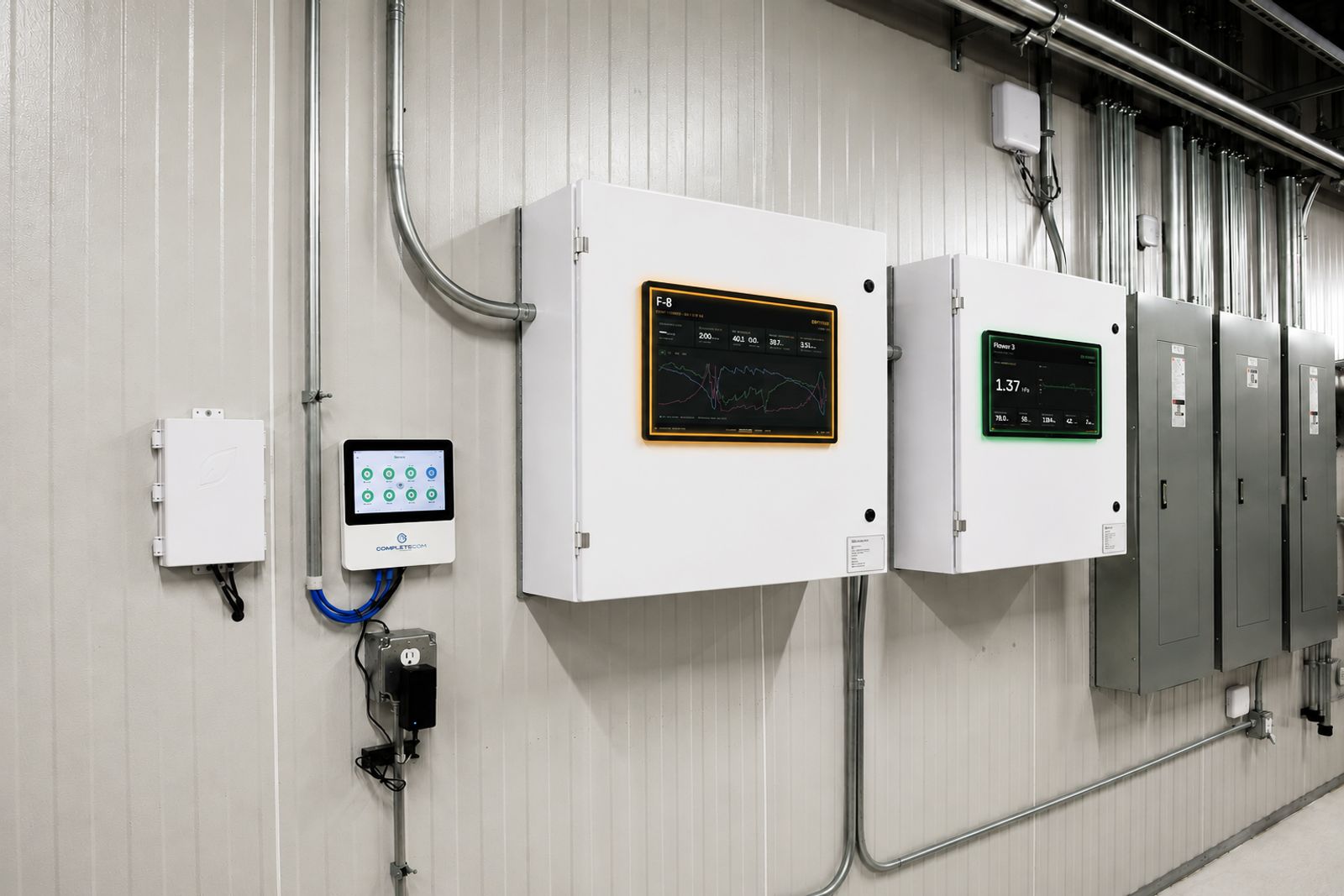 Multiple Growlink Core controllers with displayLINK dashboards showing F-8 and Flower 3 room data alongside facility electrical panels