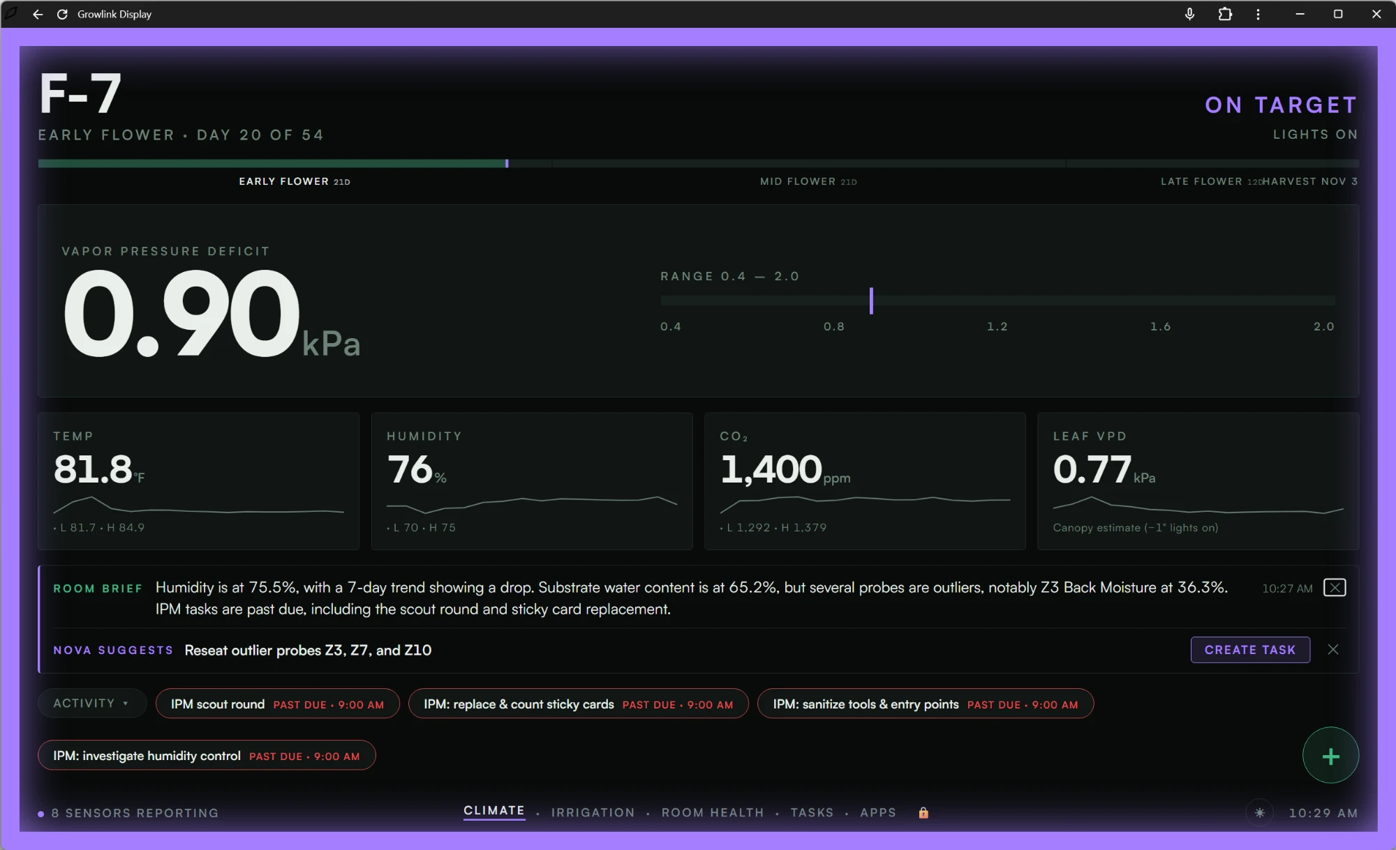 GrowlinkOS climate dashboard showing VPD, temperature, humidity, CO2, and leaf VPD with Nova room brief