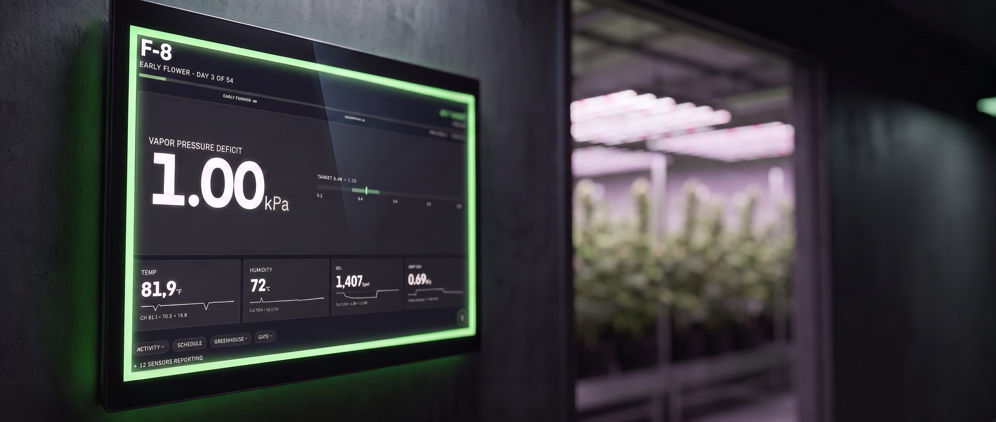 displayLINK mounted in a commercial cultivation facility, green LED status ring glowing