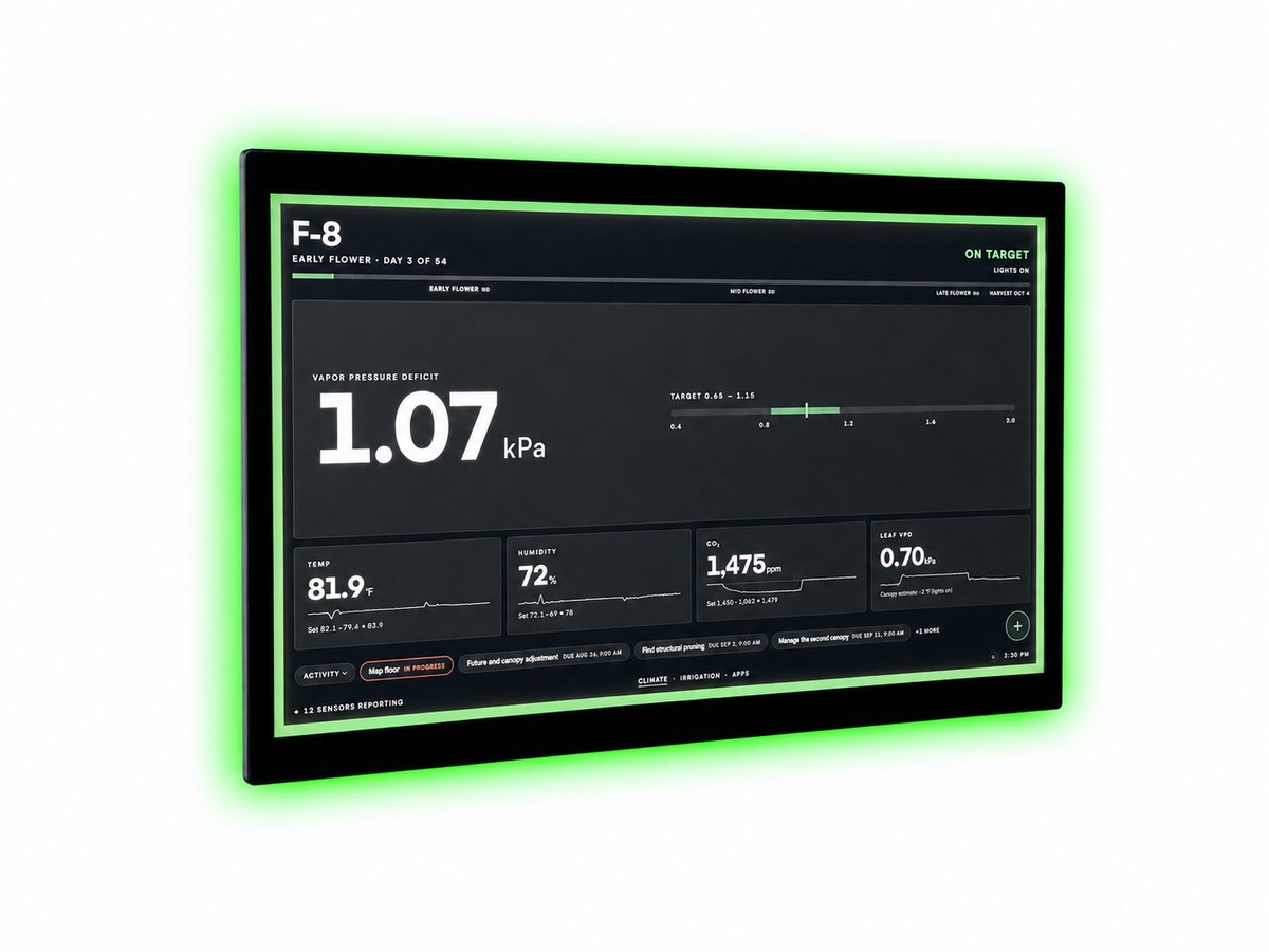 displayLINK showing VPD climate dashboard with green LED status ring