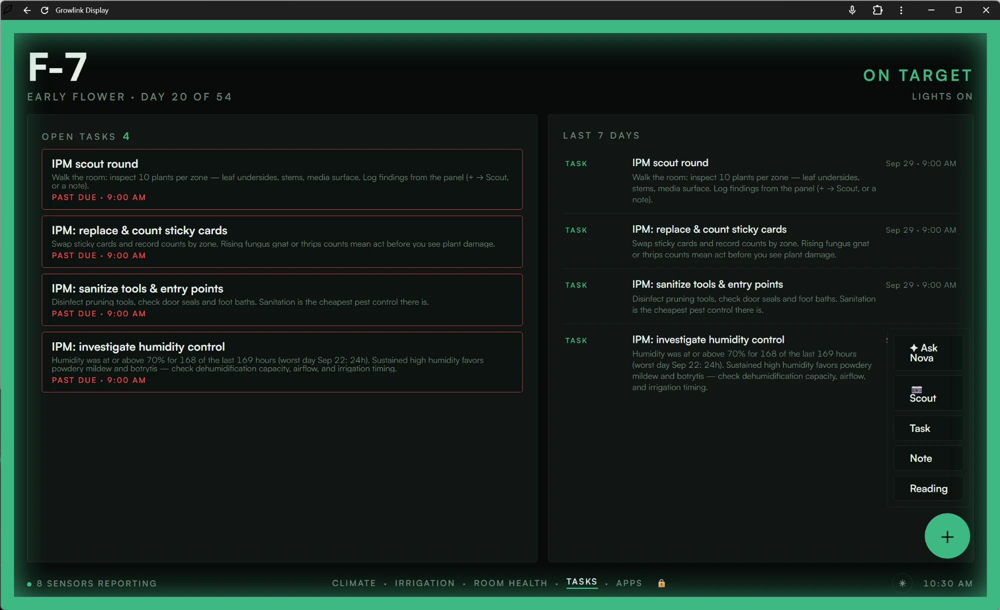 GrowlinkOS task management showing IPM scout rounds, sticky card counts, and humidity investigation