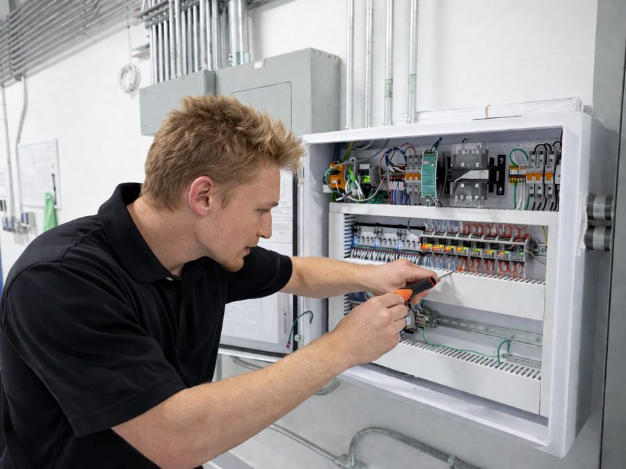 Technician wiring an electrical control panel