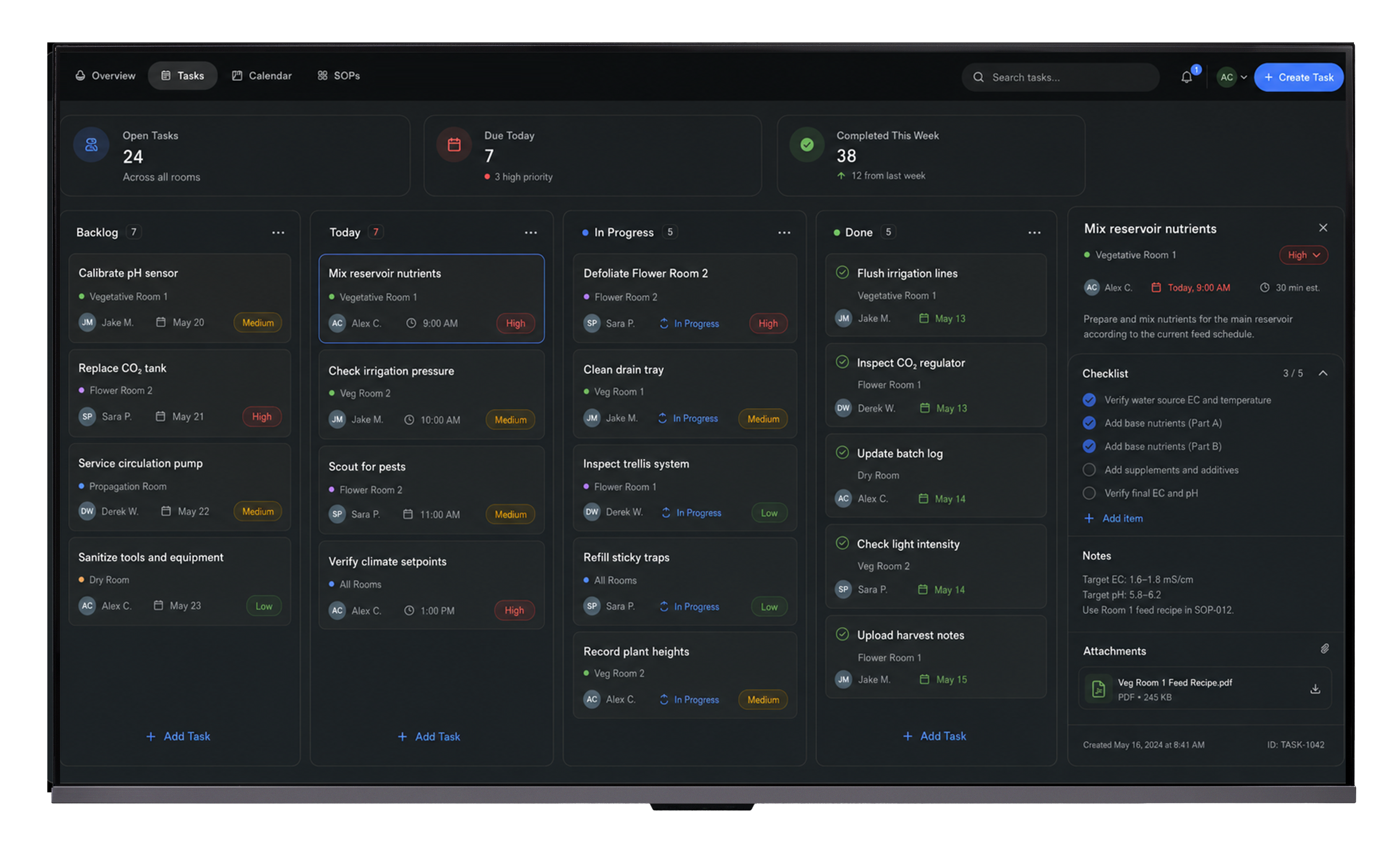 Growlink OS Blueprint editor — team instructions with tasks assigned by day and growth stage